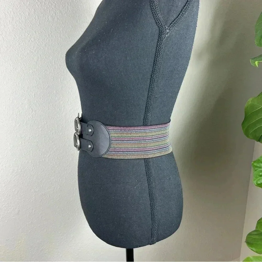 Women’s Wide Multicolored Elastic Vegan Leather Brushed Silver Tone Buckles Belt